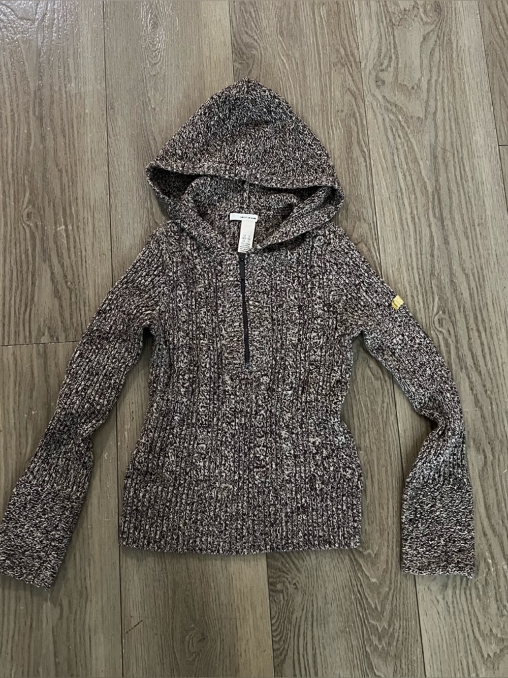 DKNY Marled Hooded Half-Zip Sweater - Black and Cream